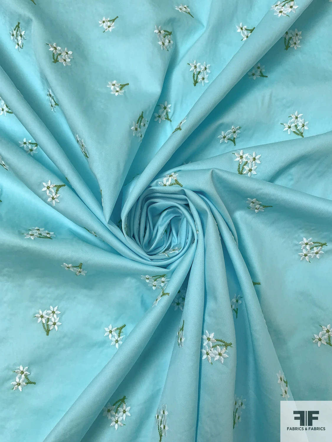 Ditsy Floral Embroidered Cotton Poplin - Aquamarine / White / Green 3 Ditsy Floral Embroidered Cotton Poplin - Aquamarine / White / Green