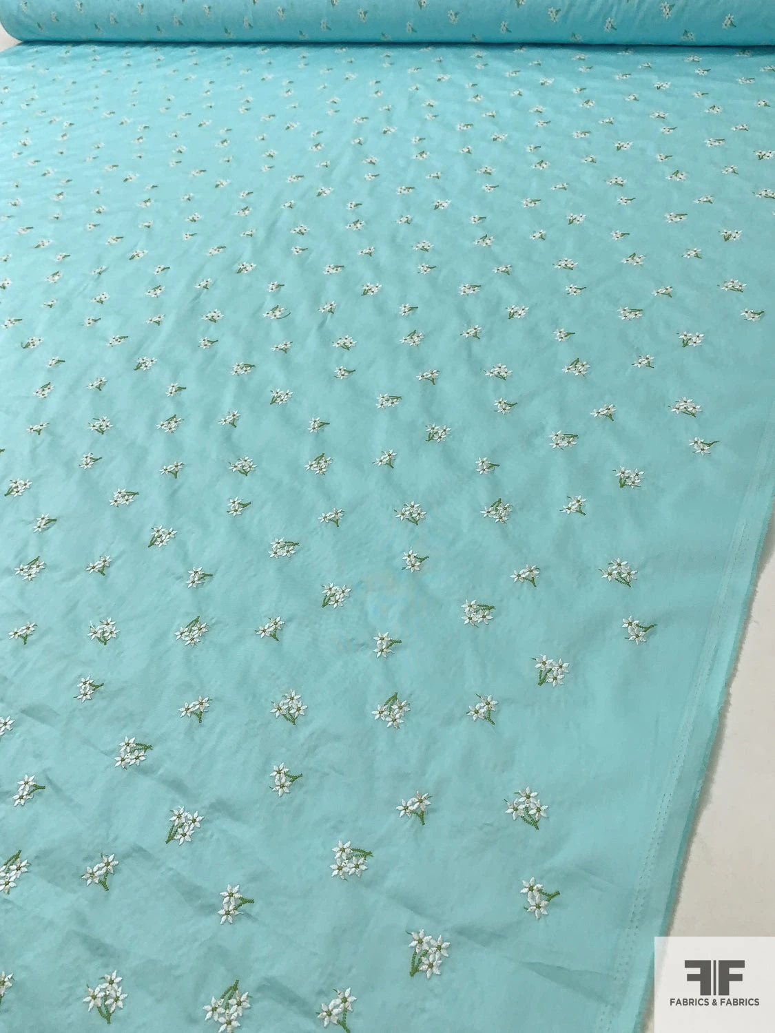 Ditsy Floral Embroidered Cotton Poplin - Aquamarine / White / Green 9 Ditsy Floral Embroidered Cotton Poplin - Aquamarine / White / Green - Image 7