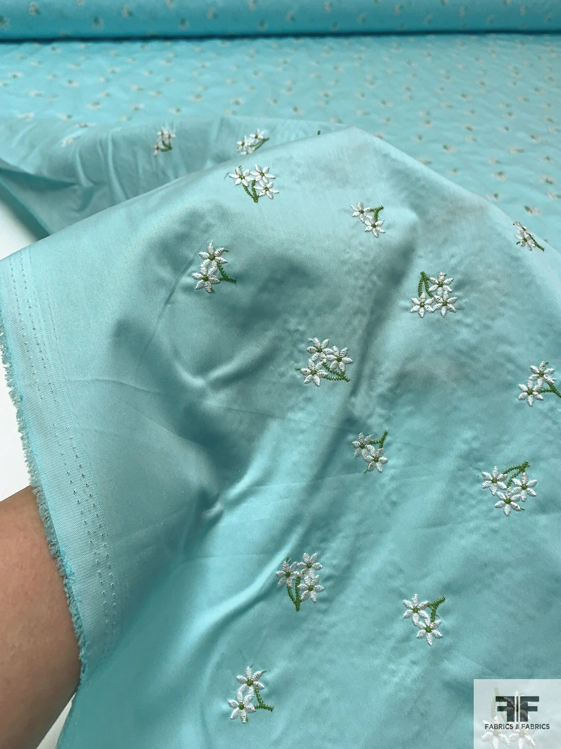 Ditsy Floral Embroidered Cotton Poplin - Aquamarine / White / Green 10 Ditsy Floral Embroidered Cotton Poplin - Aquamarine / White / Green - Image 8