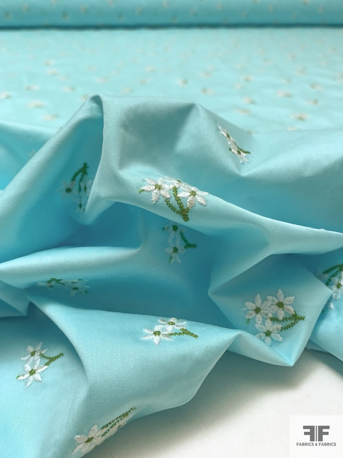 Ditsy Floral Embroidered Cotton Poplin - Aquamarine / White / Green 11 Ditsy Floral Embroidered Cotton Poplin - Aquamarine / White / Green - Image 9