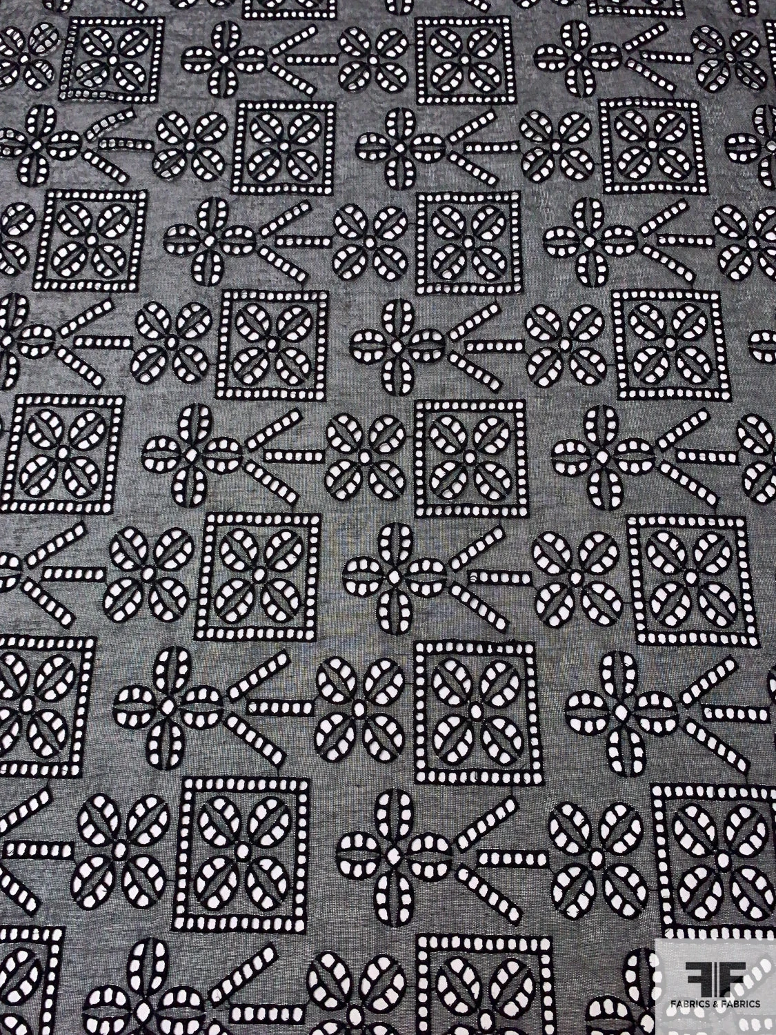 Geomeric Floral Embroidered Eyelet Cotton Gauze - Black 8 Geomeric Floral Embroidered Eyelet Cotton Gauze - Black - Image 6