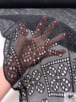 Geomeric Floral Embroidered Eyelet Cotton Gauze - Black