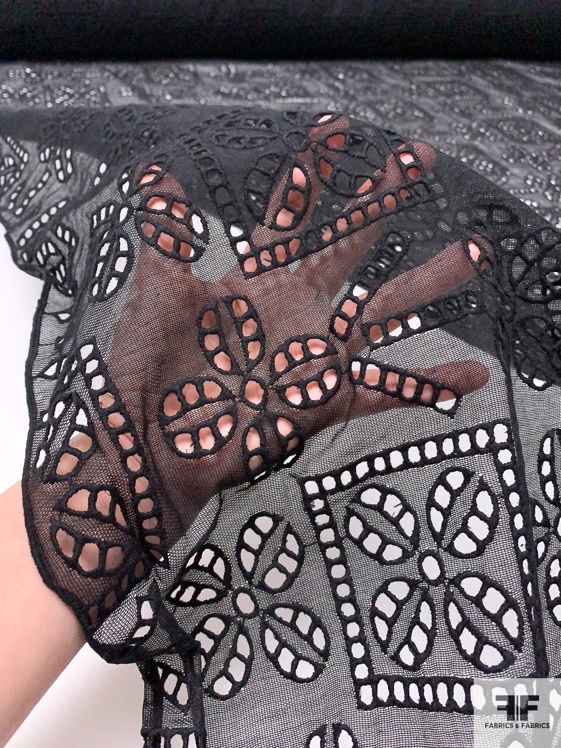 Geomeric Floral Embroidered Eyelet Cotton Gauze - Black 3 Geomeric Floral Embroidered Eyelet Cotton Gauze - Black