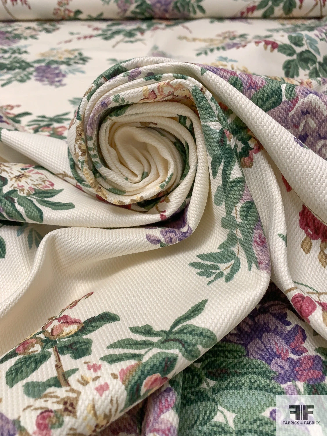 Rustic Floral Printed Cotton Pique - Earthy Greens / Dusty Purples / Yellows / Antique White 6 Rustic Floral Printed Cotton Pique - Earthy Greens / Dusty Purples / Yellows / Antique White - Image 4