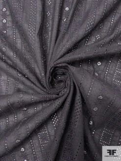 Multi-Pattern Striped Embroidered Eyelet Cotton Voile - Soft Black