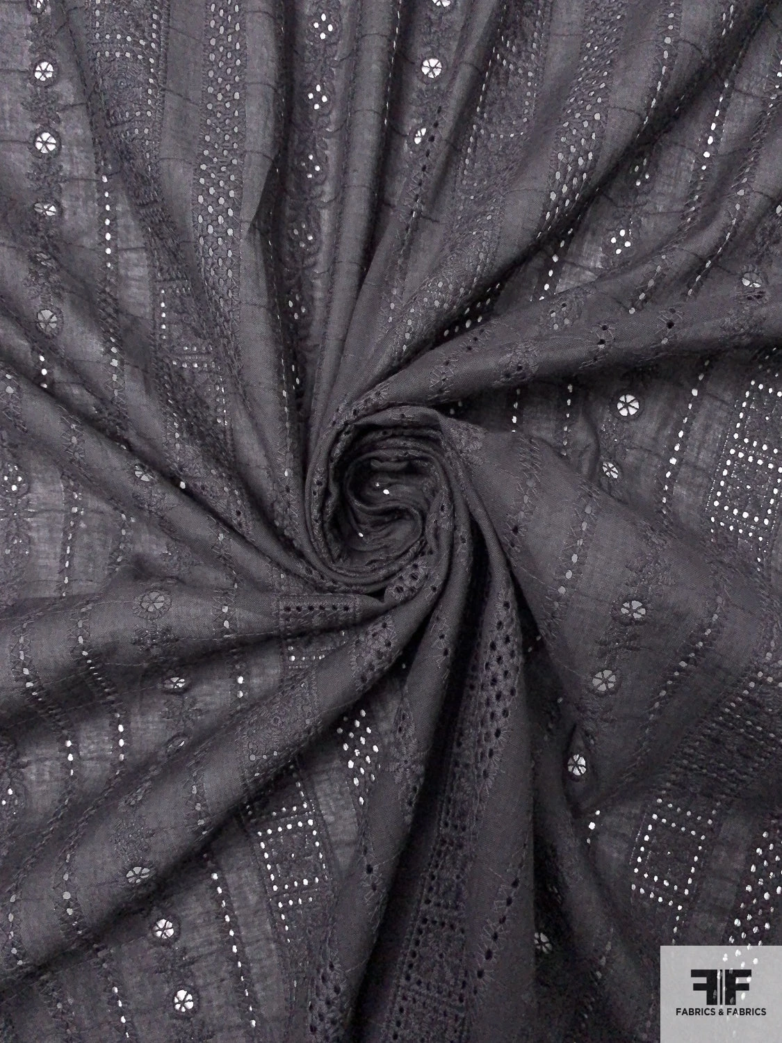 Multi-Pattern Striped Embroidered Eyelet Cotton Voile - Soft Black 5 Multi-Pattern Striped Embroidered Eyelet Cotton Voile - Soft Black - Image 3