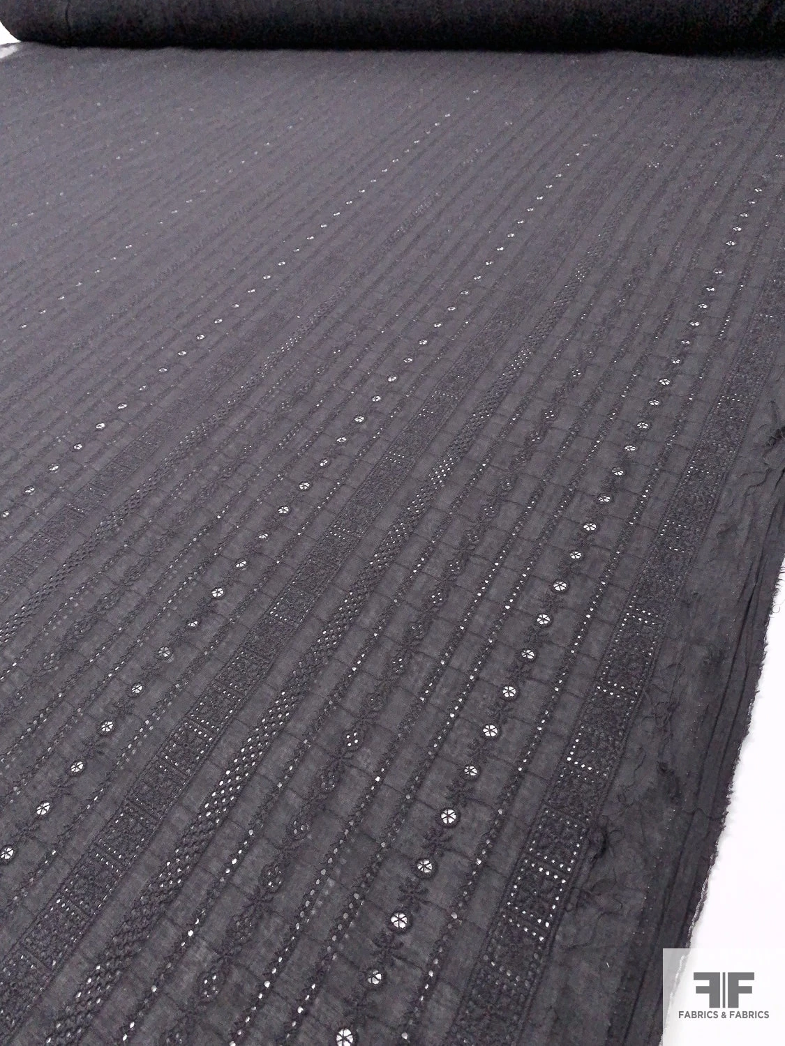 Multi-Pattern Striped Embroidered Eyelet Cotton Voile - Soft Black 9 Multi-Pattern Striped Embroidered Eyelet Cotton Voile - Soft Black - Image 7