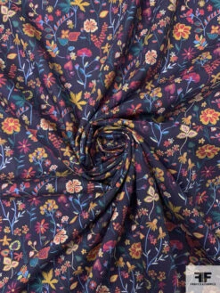 Italian Small Florals Printed Cotton Lawn - Navy-Purple / Ochre / Raspberry / Carolina Blue