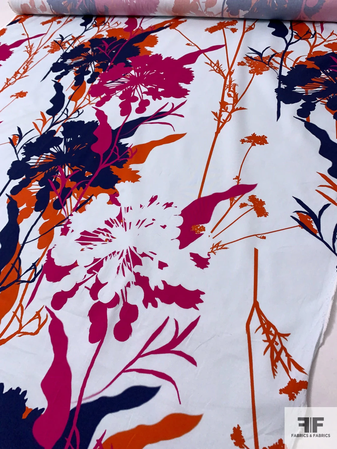 Italian Exotic Floral Silhouette Printed Fine Stretch Cotton Twill - Orange / Navy / Raspberry / Ice Off-White 4 Italian Exotic Floral Silhouette Printed Fine Stretch Cotton Twill - Orange / Navy / Raspberry / Ice Off-White - Image 2
