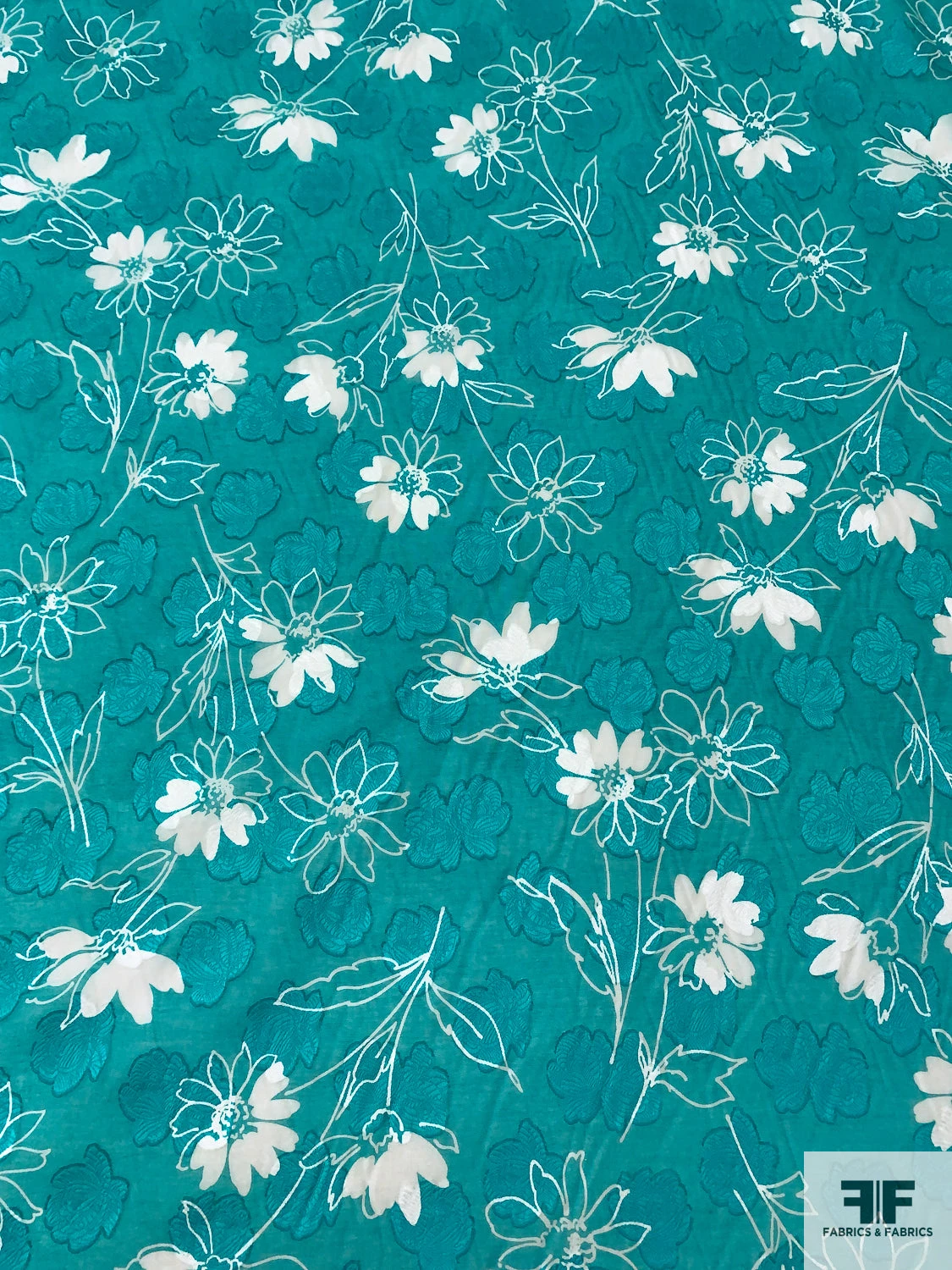 Made In Switzerland Floral Burnout And Printed Jacquard Cotton Voile - Aquamarine / White 8 Made In Switzerland Floral Burnout And Printed Jacquard Cotton Voile - Aquamarine / White - Image 6