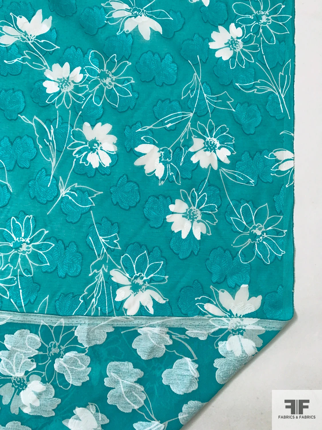 Made In Switzerland Floral Burnout And Printed Jacquard Cotton Voile - Aquamarine / White 11 Made In Switzerland Floral Burnout And Printed Jacquard Cotton Voile - Aquamarine / White - Image 9