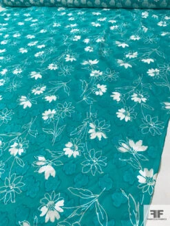 Made In Switzerland Floral Burnout And Printed Jacquard Cotton Voile - Aquamarine / White