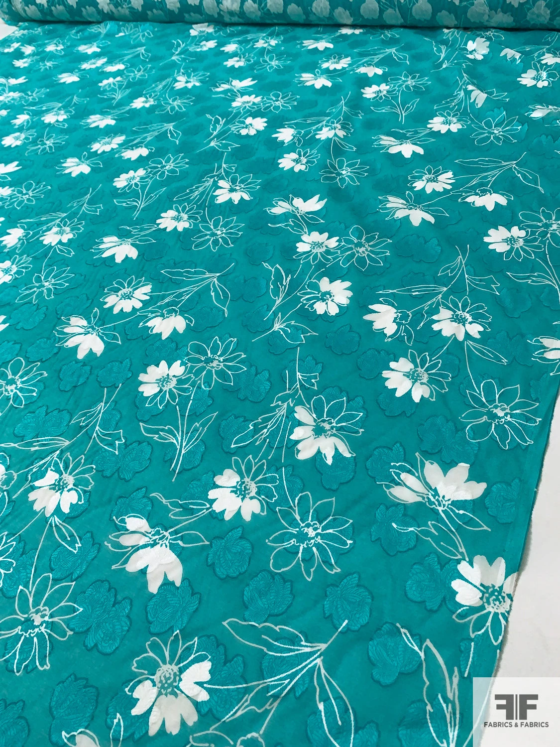 Made In Switzerland Floral Burnout And Printed Jacquard Cotton Voile - Aquamarine / White 3 Made In Switzerland Floral Burnout And Printed Jacquard Cotton Voile - Aquamarine / White