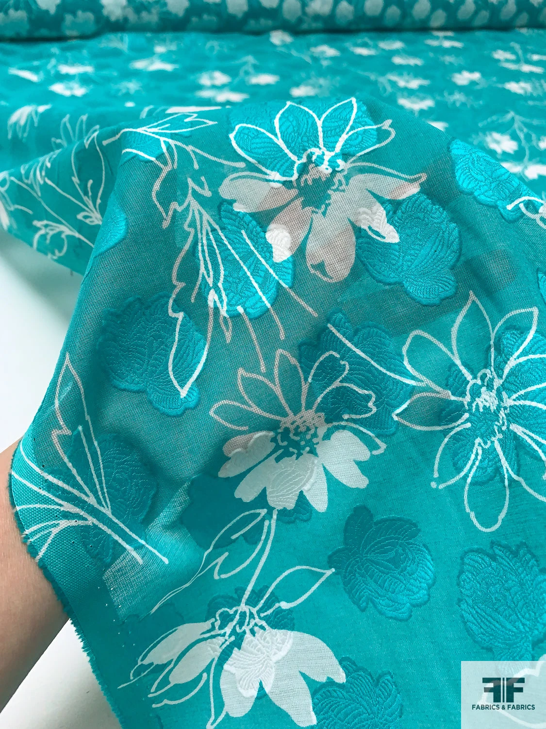 Made In Switzerland Floral Burnout And Printed Jacquard Cotton Voile - Aquamarine / White 4 Made In Switzerland Floral Burnout And Printed Jacquard Cotton Voile - Aquamarine / White - Image 2