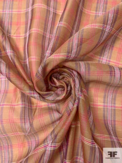 Italian Plaid Silk And Cotton Voile-Organza - Tuscan Tan / Magenta / Purple / White