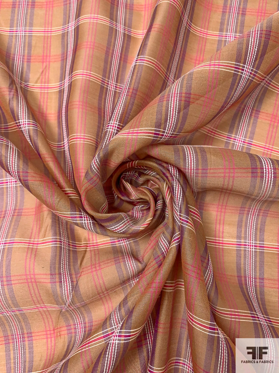 Italian Plaid Silk And Cotton Voile-Organza - Tuscan Tan / Magenta / Purple / White 5 Italian Plaid Silk And Cotton Voile-Organza - Tuscan Tan / Magenta / Purple / White - Image 3