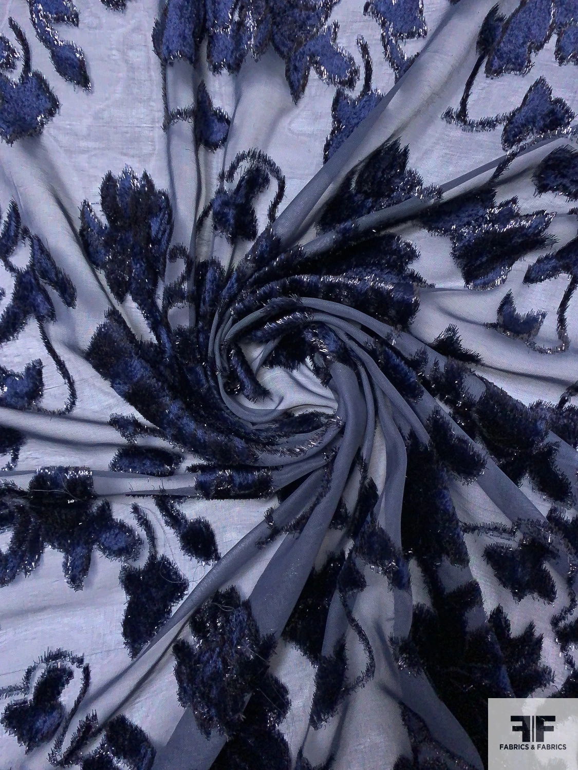 French Floral Vines Cut Panné Velvet With Lurex - Navy / Black 5 French Floral Vines Cut Panné Velvet With Lurex - Navy / Black - Image 3