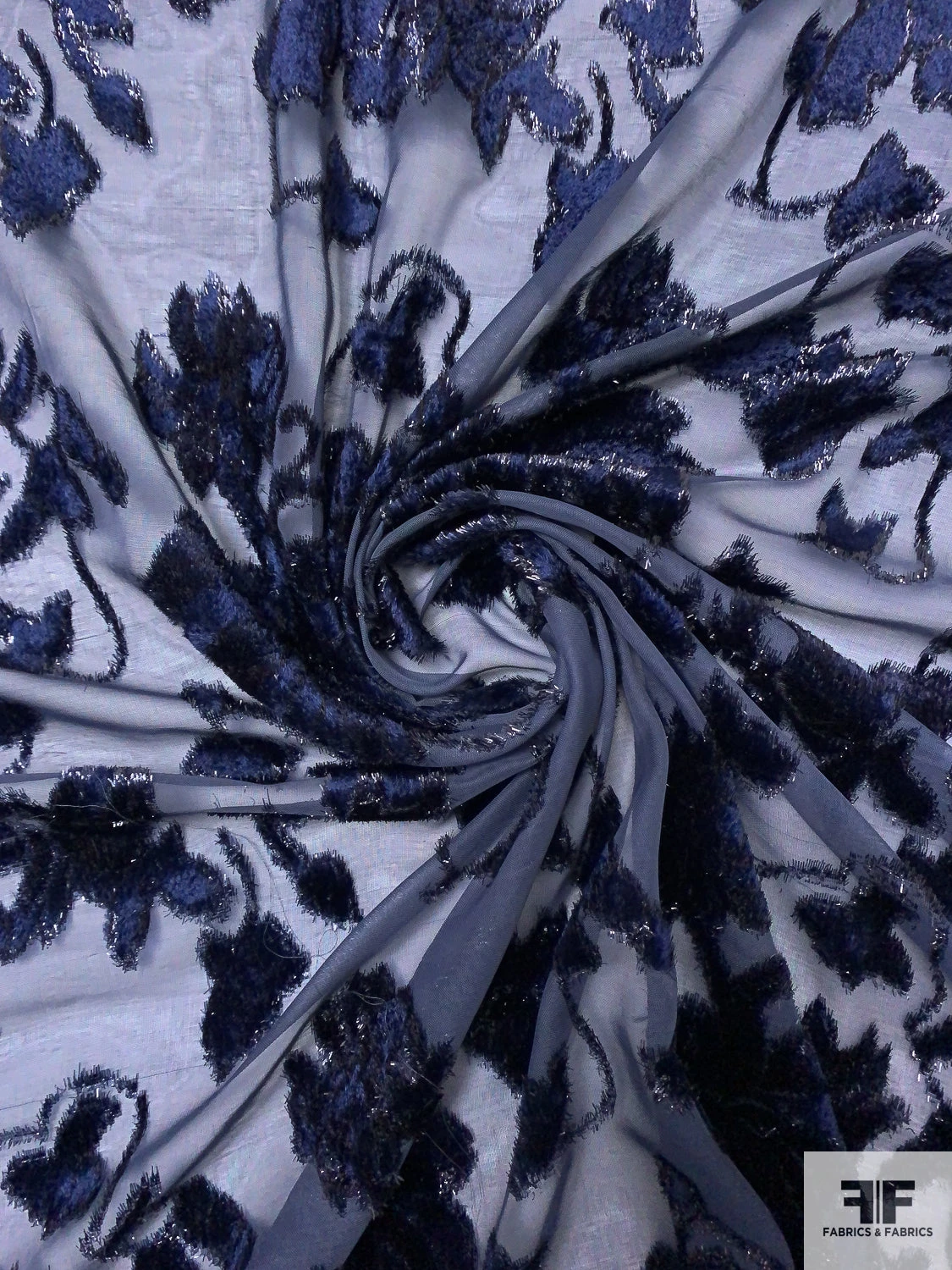 French Floral Vines Cut Panné Velvet With Lurex - Navy / Black 6 French Floral Vines Cut Panné Velvet With Lurex - Navy / Black - Image 4