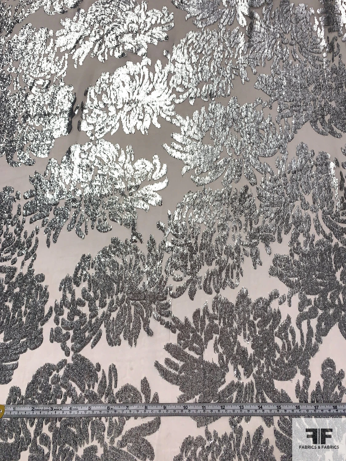 French Bold Floral Cut Metallic Panné Velvet - Silver / Off-White 8 French Bold Floral Cut Metallic Panné Velvet - Silver / Off-White - Image 6