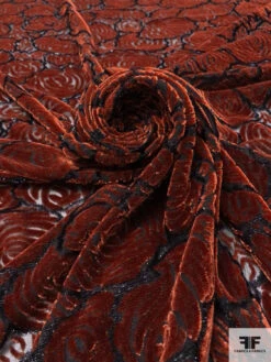French Floral Heads Cut Velvet With Lurex - Ginger Brown / Black