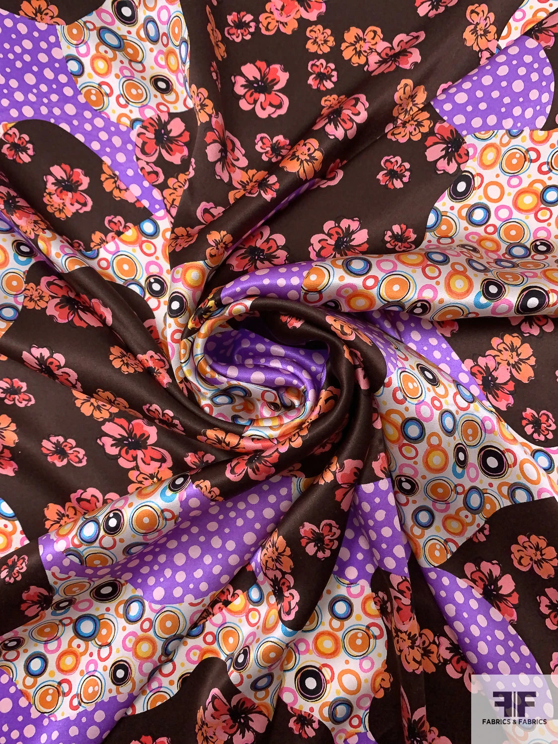 Floral Circles Blotch Collage Printed Silk Charmeuse - Brown / Violet / Orange / Pinks 6 Floral Circles Blotch Collage Printed Silk Charmeuse - Brown / Violet / Orange / Pinks - Image 4