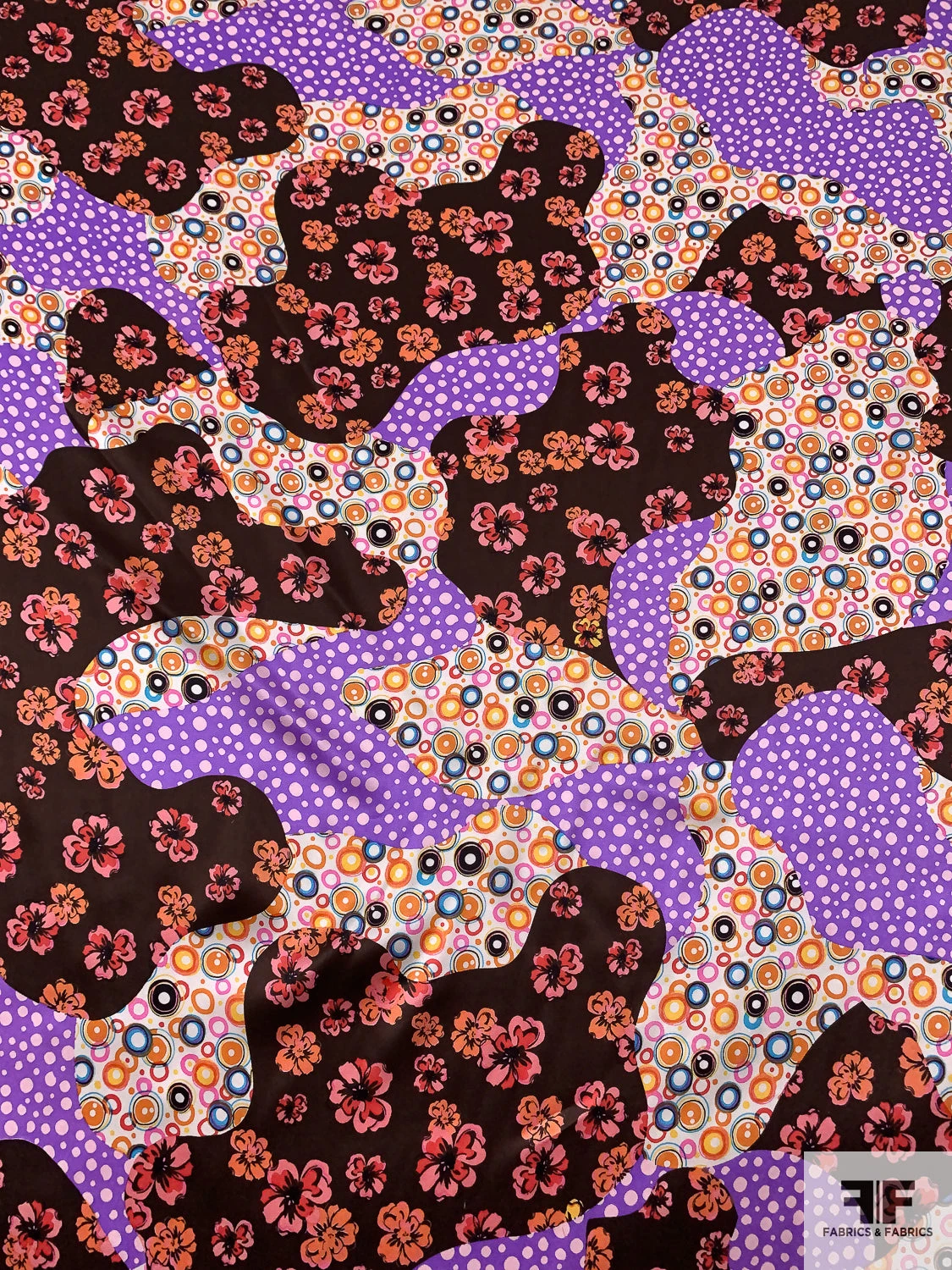 Floral Circles Blotch Collage Printed Silk Charmeuse - Brown / Violet / Orange / Pinks 3 Floral Circles Blotch Collage Printed Silk Charmeuse - Brown / Violet / Orange / Pinks