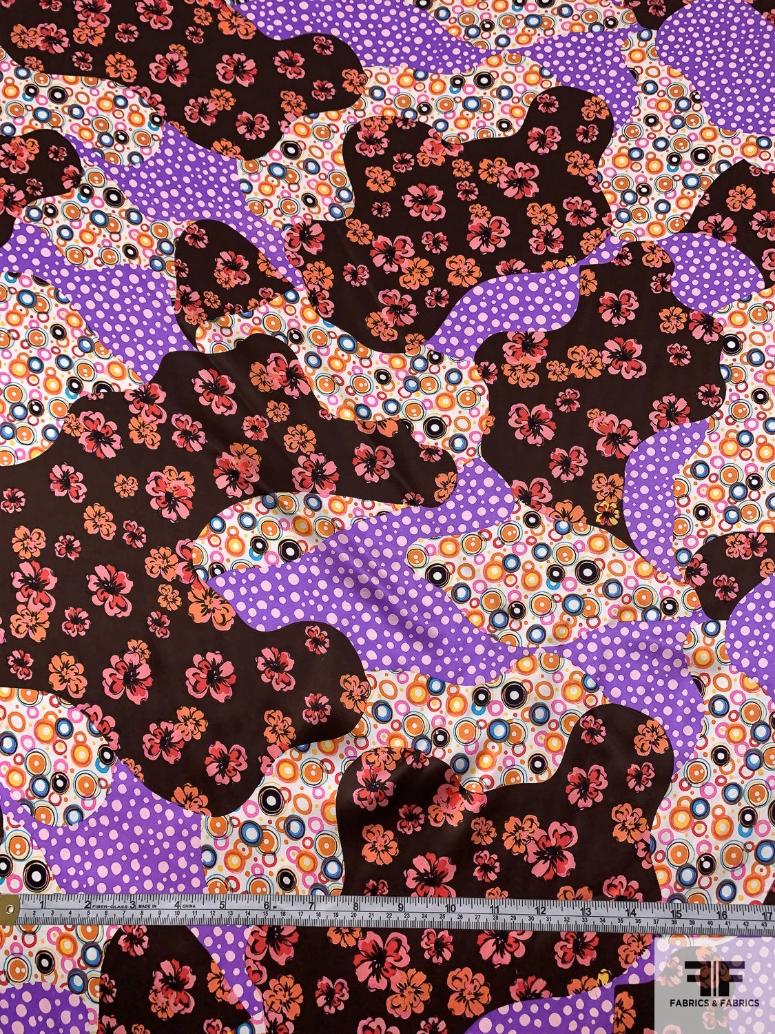 Floral Circles Blotch Collage Printed Silk Charmeuse - Brown / Violet / Orange / Pinks 7 Floral Circles Blotch Collage Printed Silk Charmeuse - Brown / Violet / Orange / Pinks - Image 5