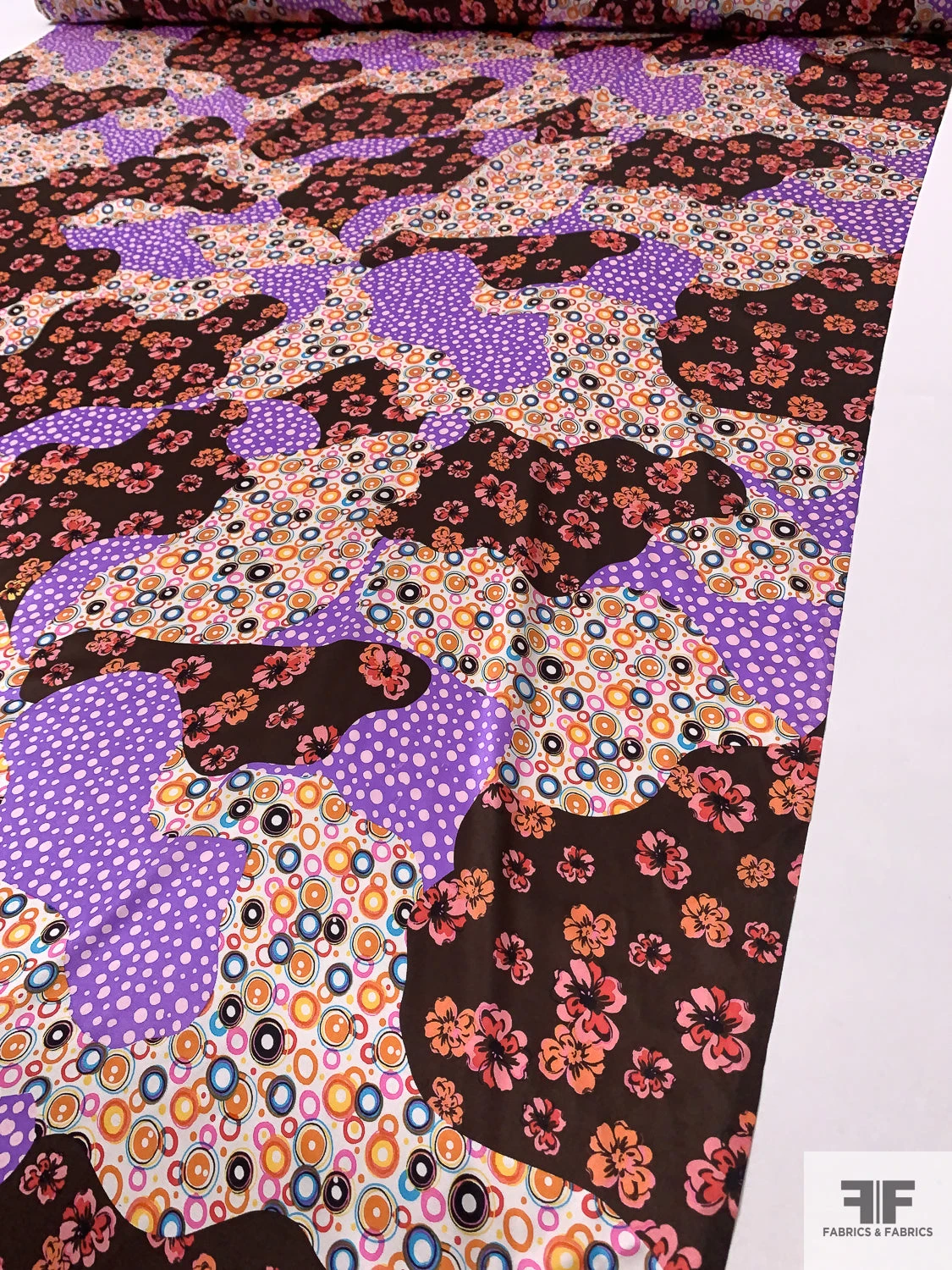 Floral Circles Blotch Collage Printed Silk Charmeuse - Brown / Violet / Orange / Pinks 9 Floral Circles Blotch Collage Printed Silk Charmeuse - Brown / Violet / Orange / Pinks - Image 7