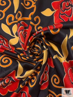 Floral And Swirl Vine Printed Silk Charmeuse - Orange / Red / Black -Fabrics And Fabrics Store 18674 2