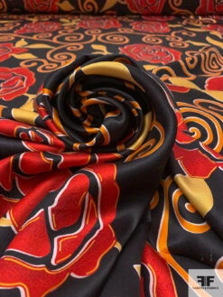 Floral And Swirl Vine Printed Silk Charmeuse - Orange / Red / Black -Fabrics And Fabrics Store 18674 3