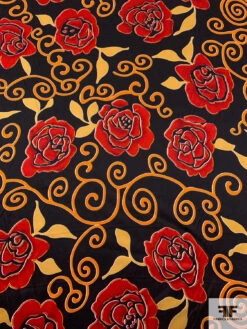 Floral And Swirl Vine Printed Silk Charmeuse - Orange / Red / Black