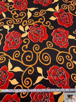 Floral And Swirl Vine Printed Silk Charmeuse - Orange / Red / Black -Fabrics And Fabrics Store 18674 5