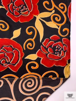 Floral And Swirl Vine Printed Silk Charmeuse - Orange / Red / Black -Fabrics And Fabrics Store 18674 7