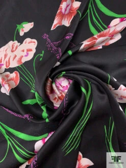 Foreign Floral Printed Silk Charmeuse - Green / Dusty Rose / Orchid Purple / Black -Fabrics And Fabrics Store 18681 1