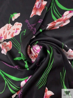 Foreign Floral Printed Silk Charmeuse - Green / Dusty Rose / Orchid Purple / Black -Fabrics And Fabrics Store 18681 2