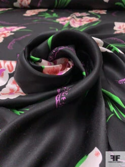 Foreign Floral Printed Silk Charmeuse - Green / Dusty Rose / Orchid Purple / Black -Fabrics And Fabrics Store 18681 3