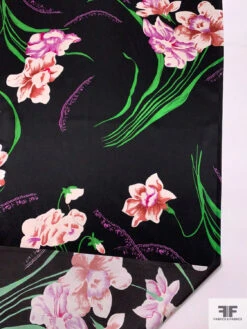 Foreign Floral Printed Silk Charmeuse - Green / Dusty Rose / Orchid Purple / Black -Fabrics And Fabrics Store 18681 7
