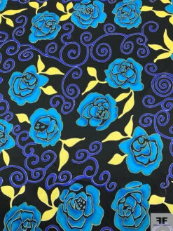 Floral And Swirl Vine Printed Silk Charmeuse - Turquoise / Royal Blue / Yellow / Bladk