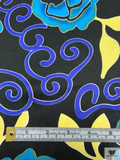 Floral And Swirl Vine Printed Silk Charmeuse - Turquoise / Royal Blue / Yellow / Bladk -Fabrics And Fabrics Store 18705 5