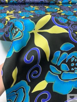 Floral And Swirl Vine Printed Silk Charmeuse - Turquoise / Royal Blue / Yellow / Bladk -Fabrics And Fabrics Store 18705 8