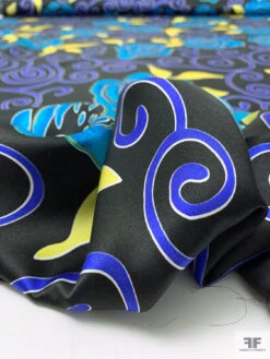 Floral And Swirl Vine Printed Silk Charmeuse - Turquoise / Royal Blue / Yellow / Bladk -Fabrics And Fabrics Store 18705 9