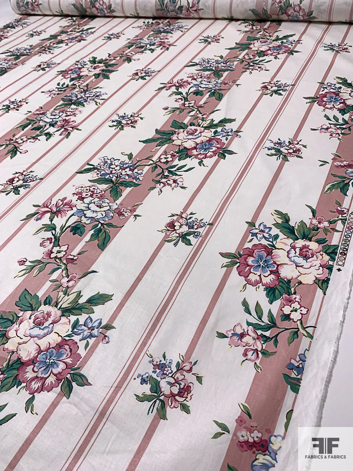 Striped And Floral Printed Cotton Lawn With Scotchgard Finish - Dusty Rose / White / Green / Soft Blue 3 Striped And Floral Printed Cotton Lawn With Scotchgard Finish - Dusty Rose / White / Green / Soft Blue