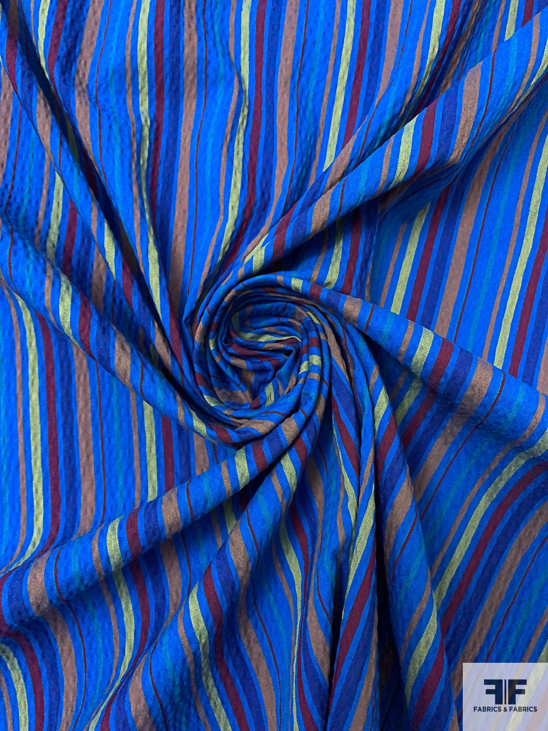 Vertical Multicolor Striped Seersucker Cotton With Stretch - Blue / Navy / Ochre / Maroon / Pear Green 4 Vertical Multicolor Striped Seersucker Cotton With Stretch - Blue / Navy / Ochre / Maroon / Pear Green - Image 2