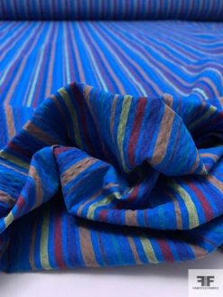 Vertical Multicolor Striped Seersucker Cotton With Stretch - Blue / Navy / Ochre / Maroon / Pear Green