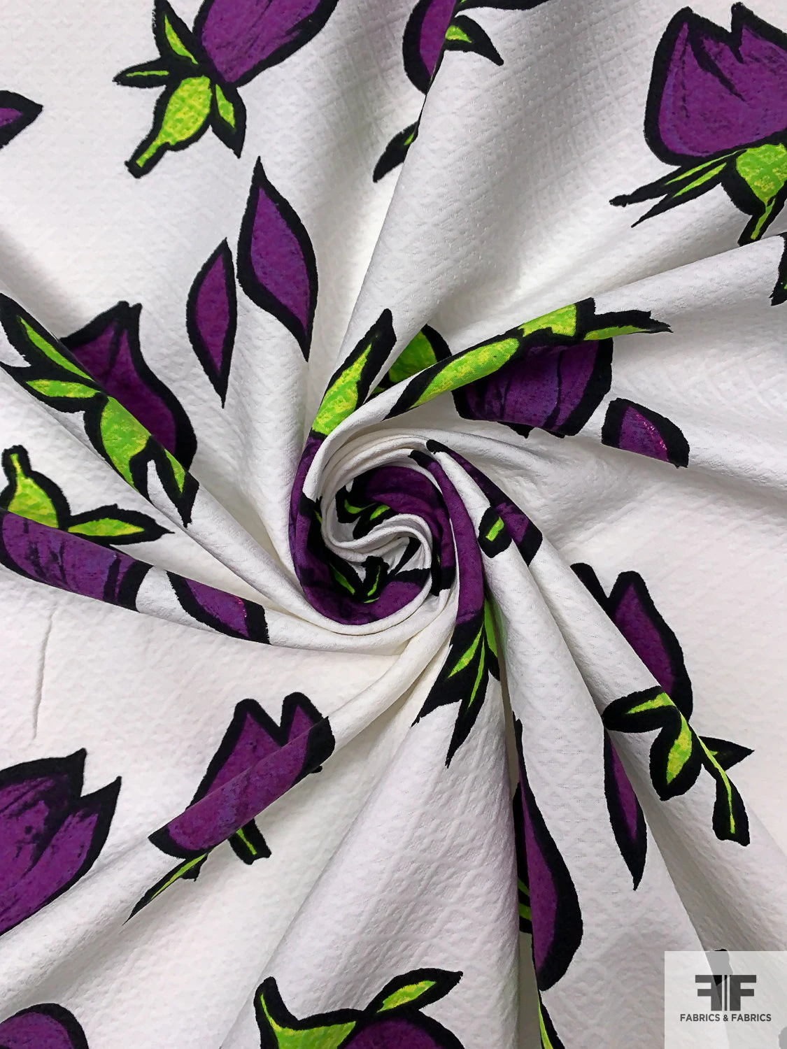 Tulip Buds Printed Cotton Pique - Purple / Bright Green / Black / White 5 Tulip Buds Printed Cotton Pique - Purple / Bright Green / Black / White - Image 3