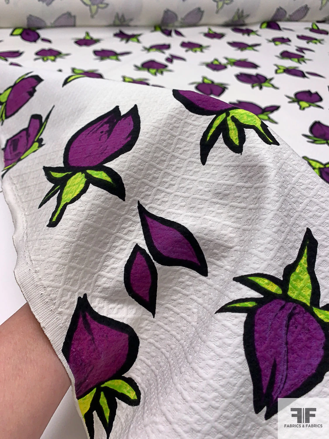 Tulip Buds Printed Cotton Pique - Purple / Bright Green / Black / White 11 Tulip Buds Printed Cotton Pique - Purple / Bright Green / Black / White - Image 9