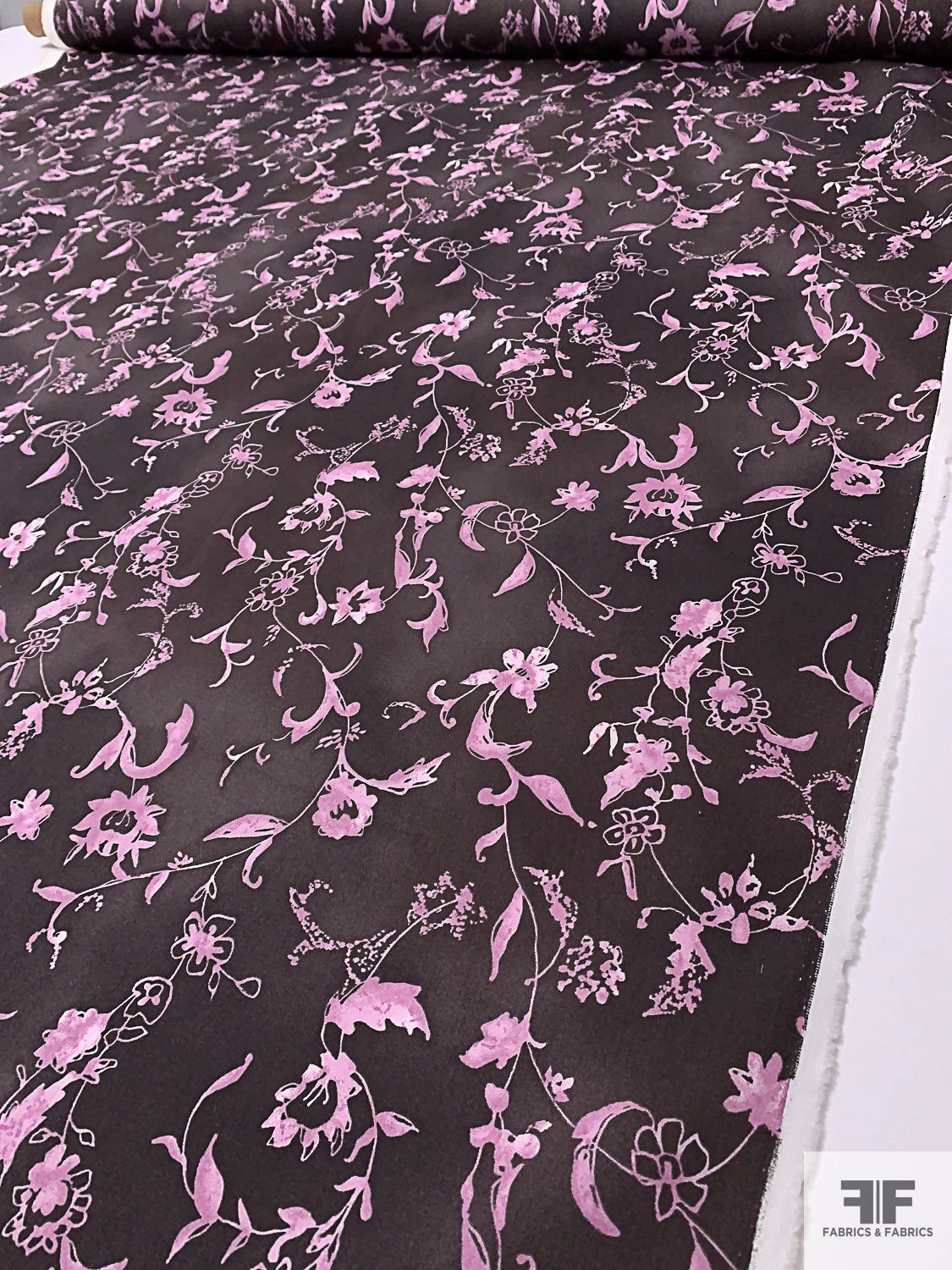 Vine Floral Cloudy Printed Stretch Cotton Twill - Eggplant Brown / Dusty Orchid 3 Vine Floral Cloudy Printed Stretch Cotton Twill - Eggplant Brown / Dusty Orchid