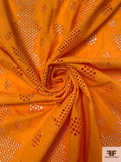 Double-Scalloped Floral Embroidered Eyelet Cotton Lawn - Tangerine Orange