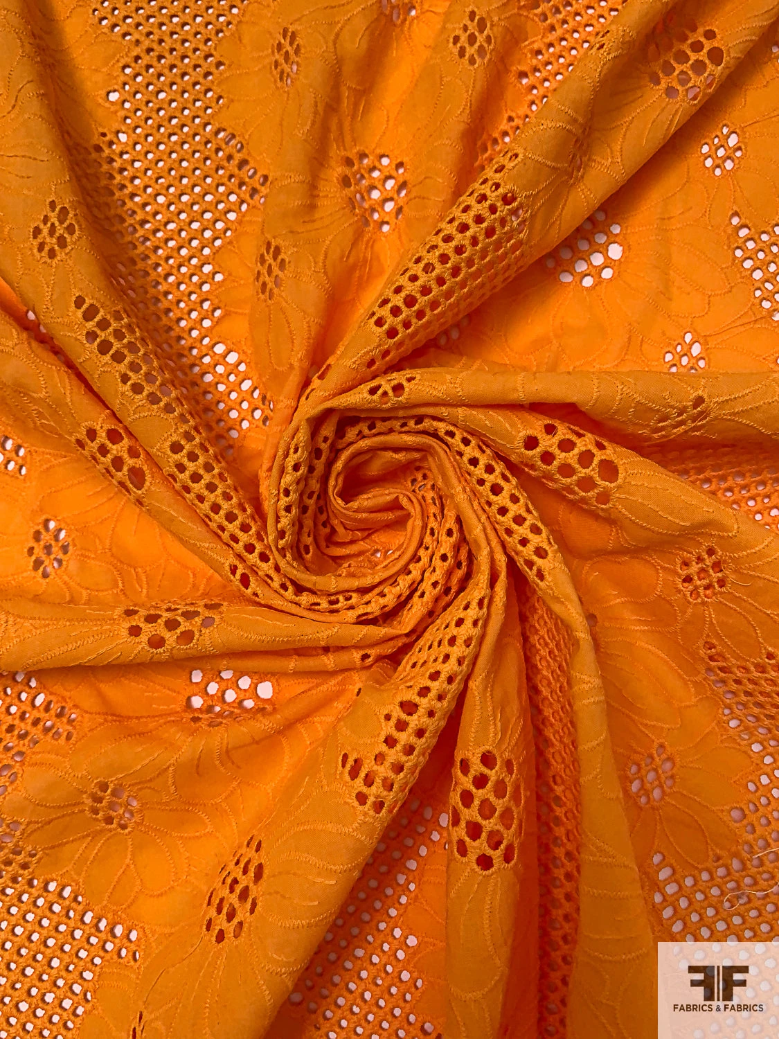 Double-Scalloped Floral Embroidered Eyelet Cotton Lawn - Tangerine Orange 3 Double-Scalloped Floral Embroidered Eyelet Cotton Lawn - Tangerine Orange