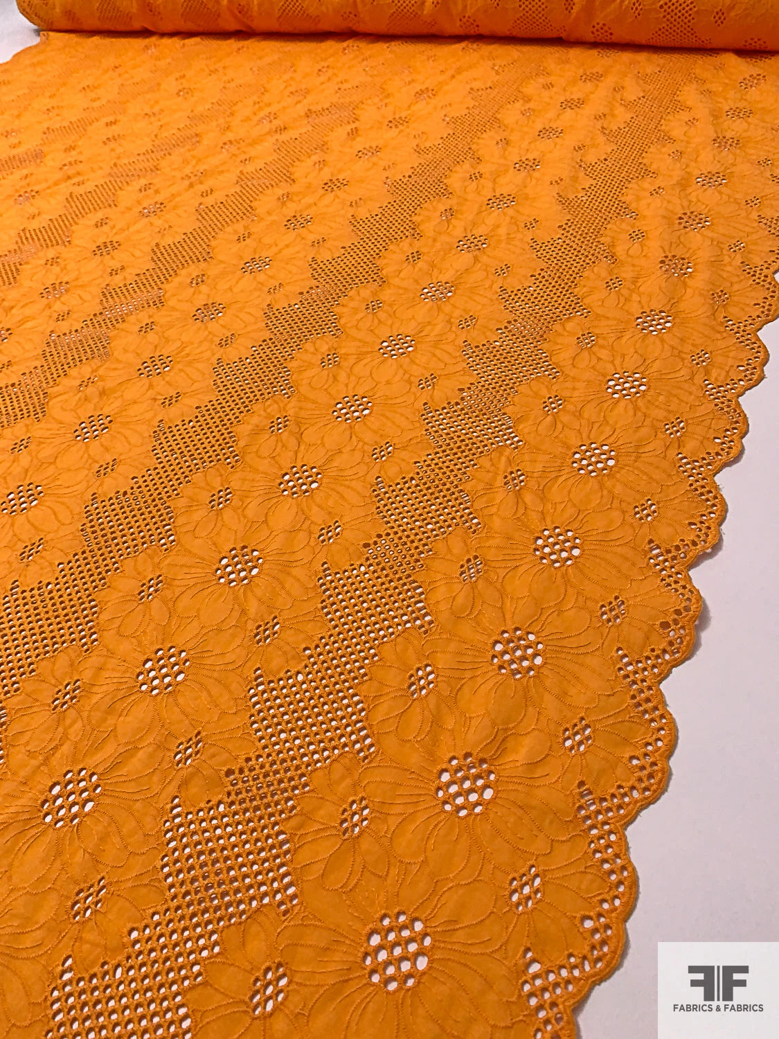 Double-Scalloped Floral Embroidered Eyelet Cotton Lawn - Tangerine Orange 4 Double-Scalloped Floral Embroidered Eyelet Cotton Lawn - Tangerine Orange - Image 2